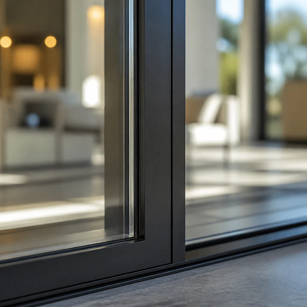 Modern patio door installation showing sleek dark frame and glass