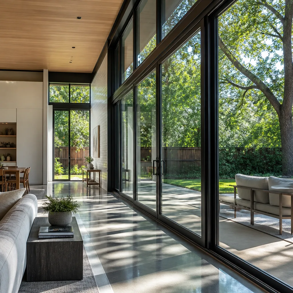 Modern floor-to-ceiling sliding patio doors with black frames in luxury home