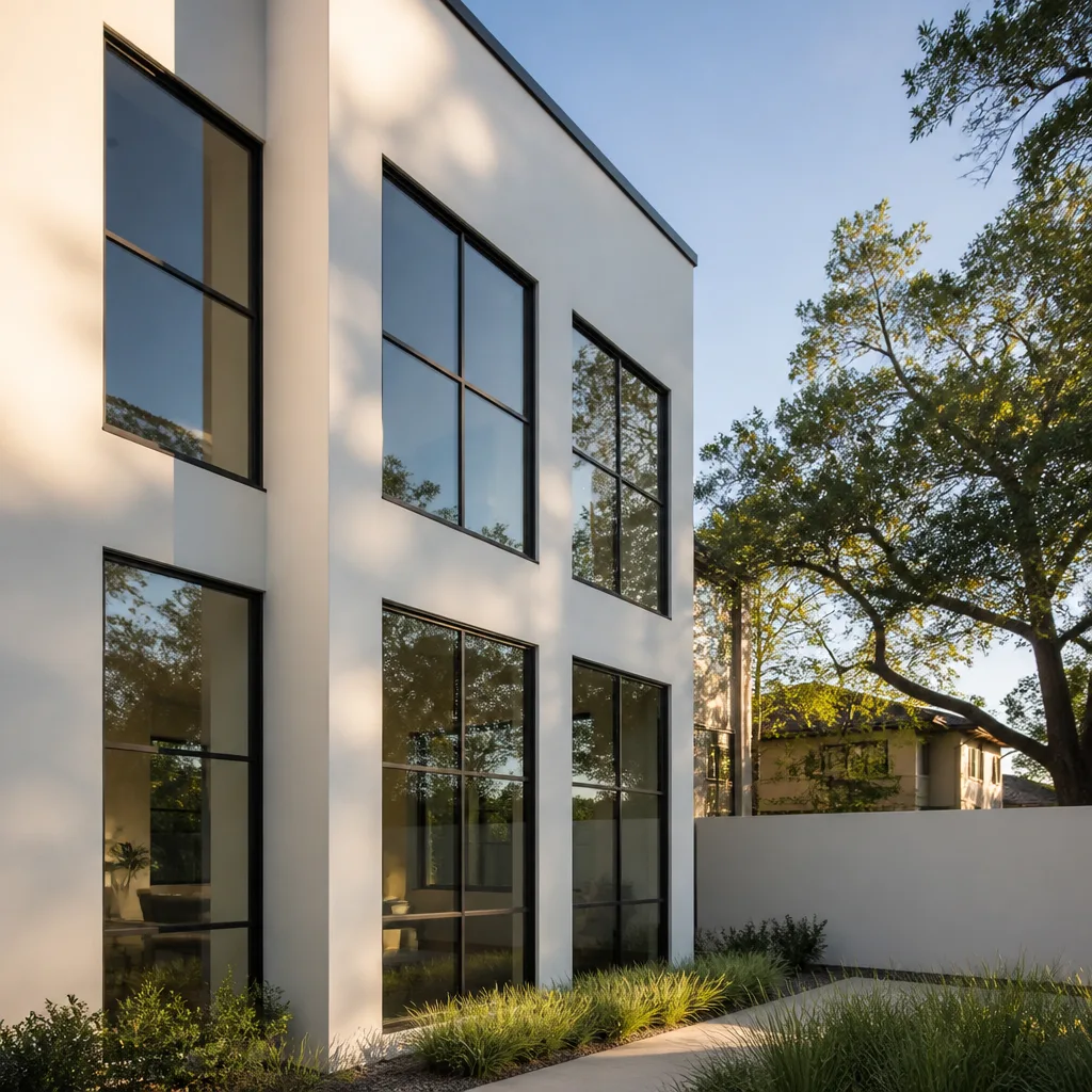 Modern home exterior with large black framed window installation nationwide