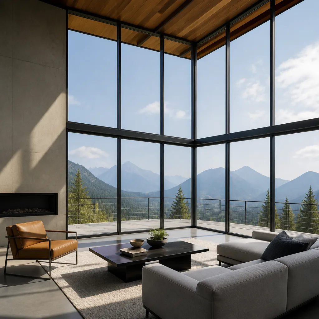 Modern floor to ceiling window installation in a luxury mountain home in Houston, TX
