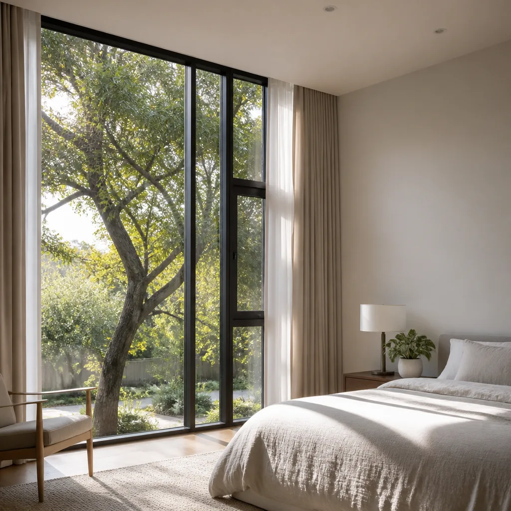 Modern bedroom with floor-to-ceiling window replacement and natural light in Houston, TX