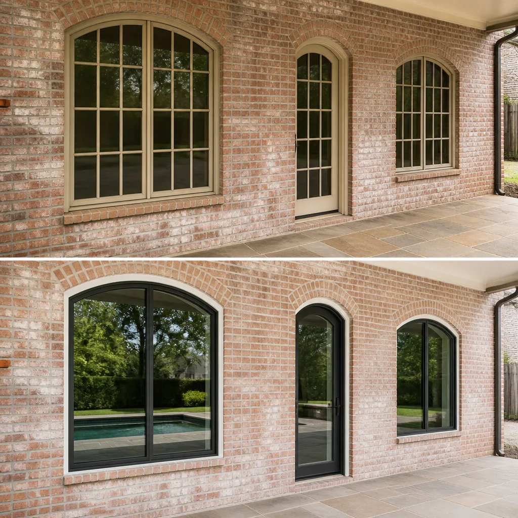 Before and after professional window and door replacement on brick house
